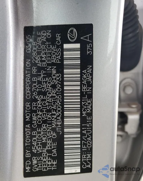 2005 Lexus Es 330 z USA, uszkodzony, nr VIN JTHBA30G955109733